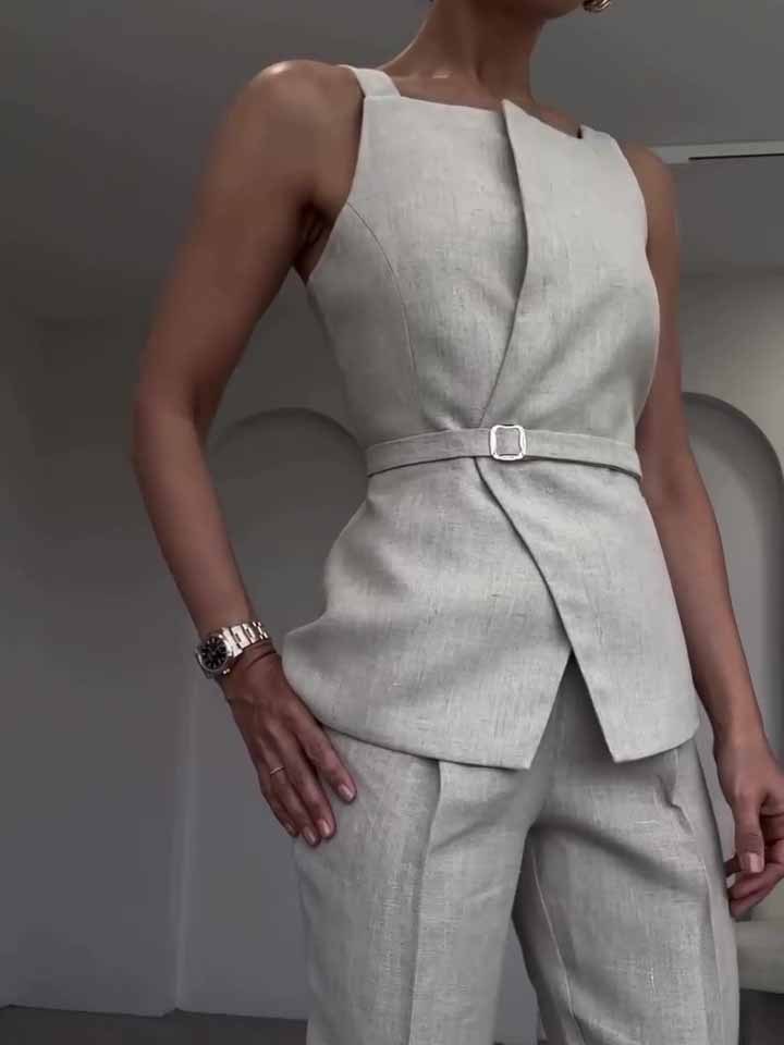 Linen Sleeveless Top & Cropped Pants Set - Other