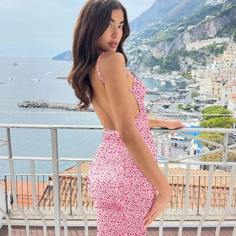 Long Floral Suspender Dress Backless - Other