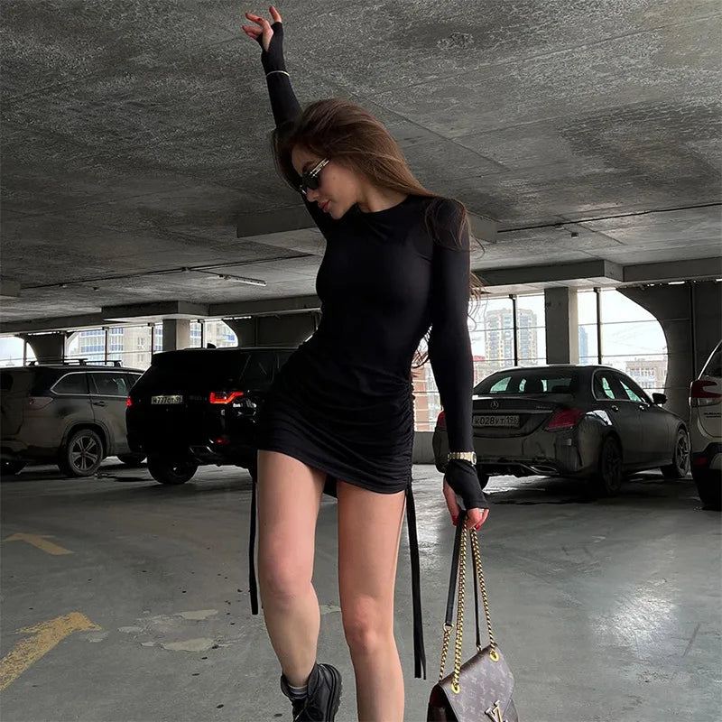 Long Sleeve Dress - black / L
