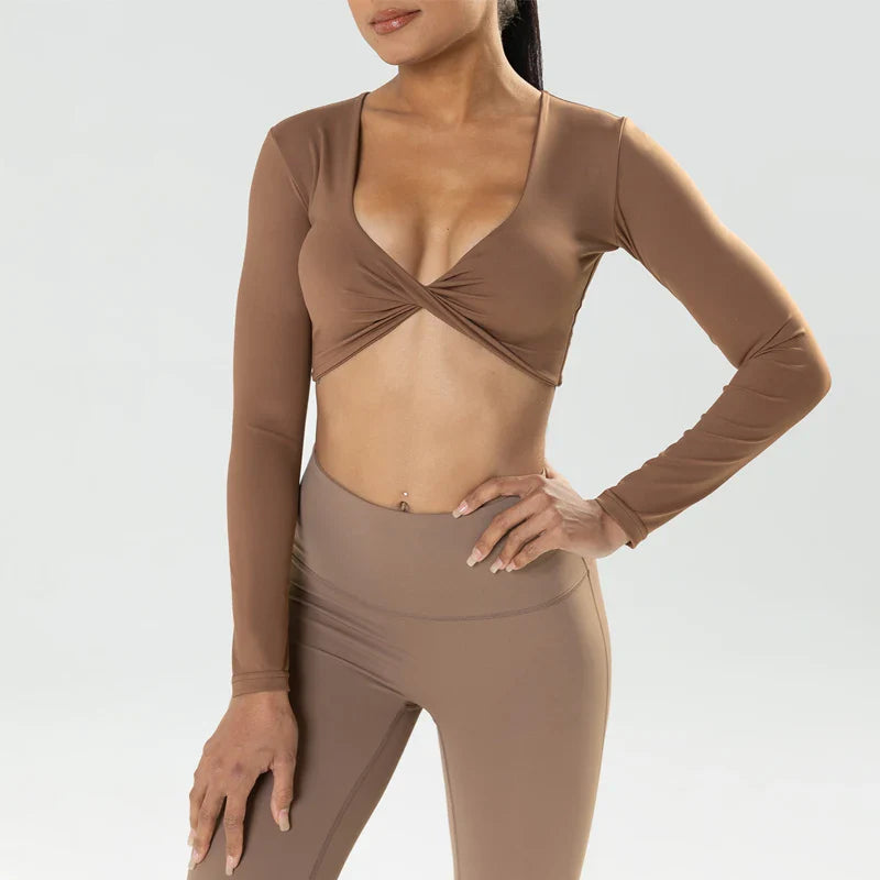 Long Sleeve Gym Crop Tops for Women - Brown / M