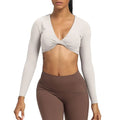 Long Sleeve Gym Crop Tops for Women - Grayish White / M
