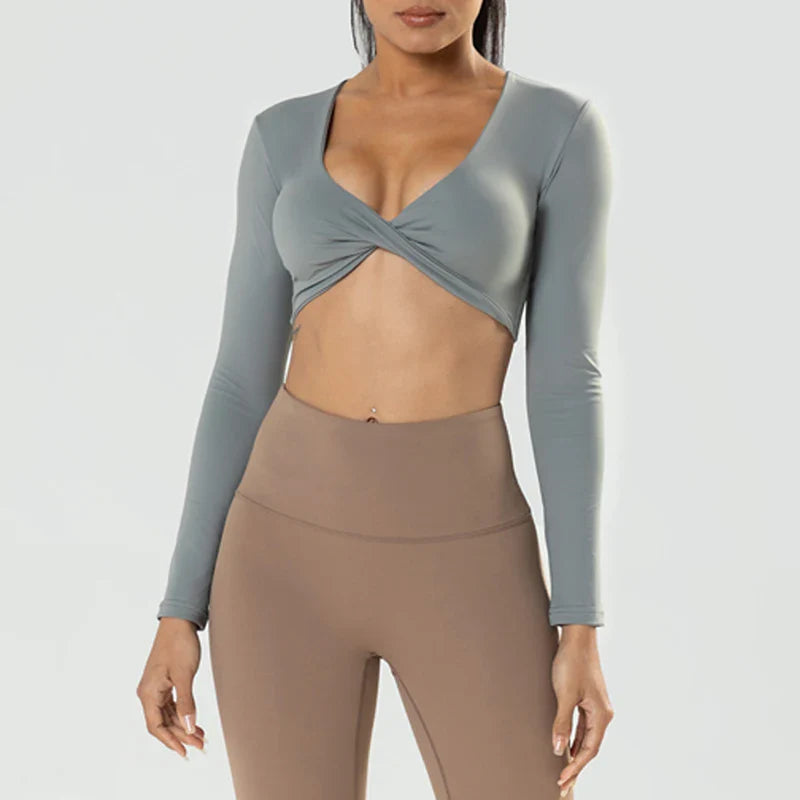 Long Sleeve Gym Crop Tops for Women - Grey / M