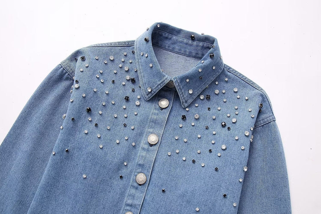 Long Sleeve Rhinestone Short Denim Shirt - electronic accessories