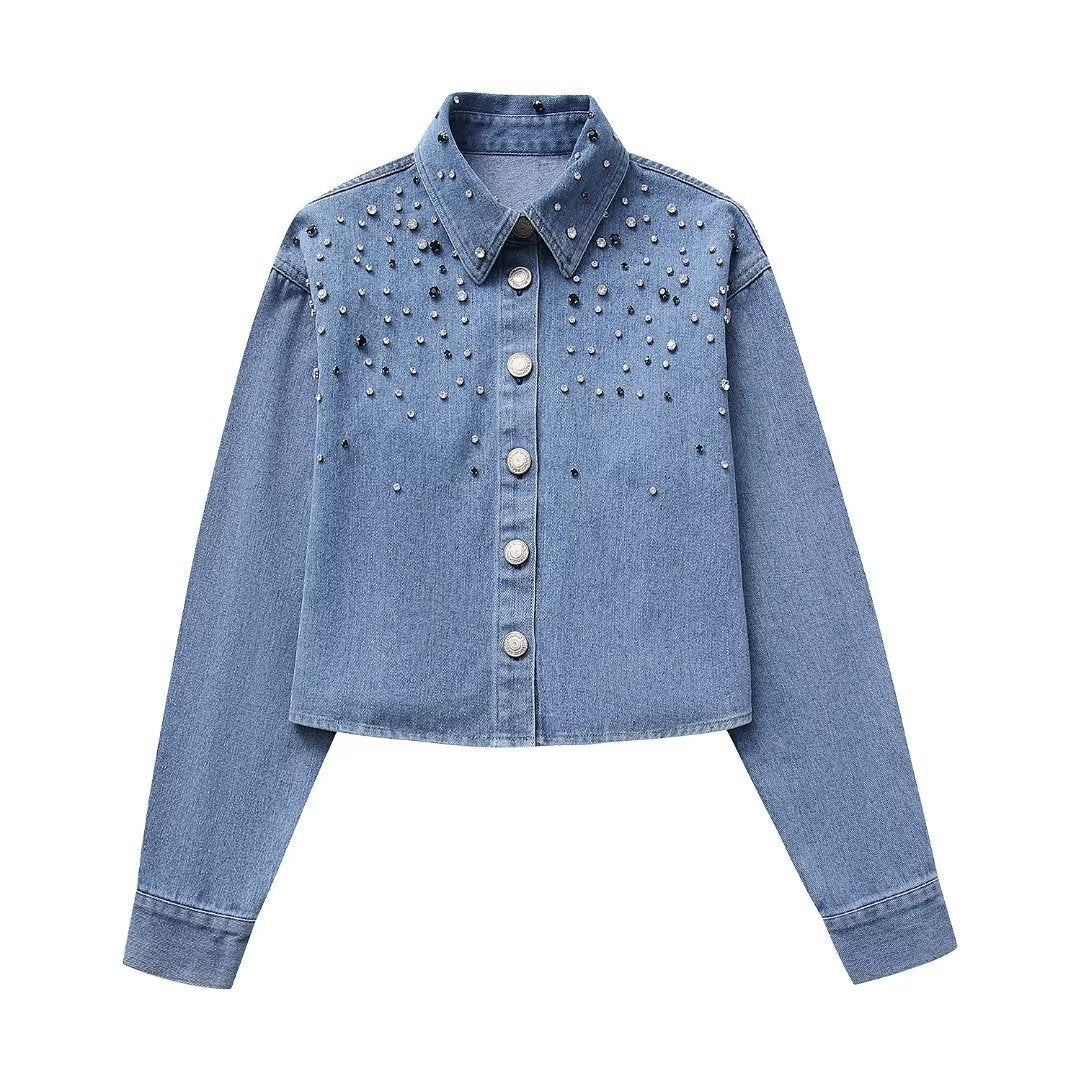 Long Sleeve Rhinestone Short Denim Shirt - electronic accessories