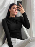 Long Sleeve Top White T-Shirts Women Basic Crop Pollover - M / black - Other