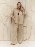 Long Sleeved Shirt Wide Leg Pants Set - Apricot / S