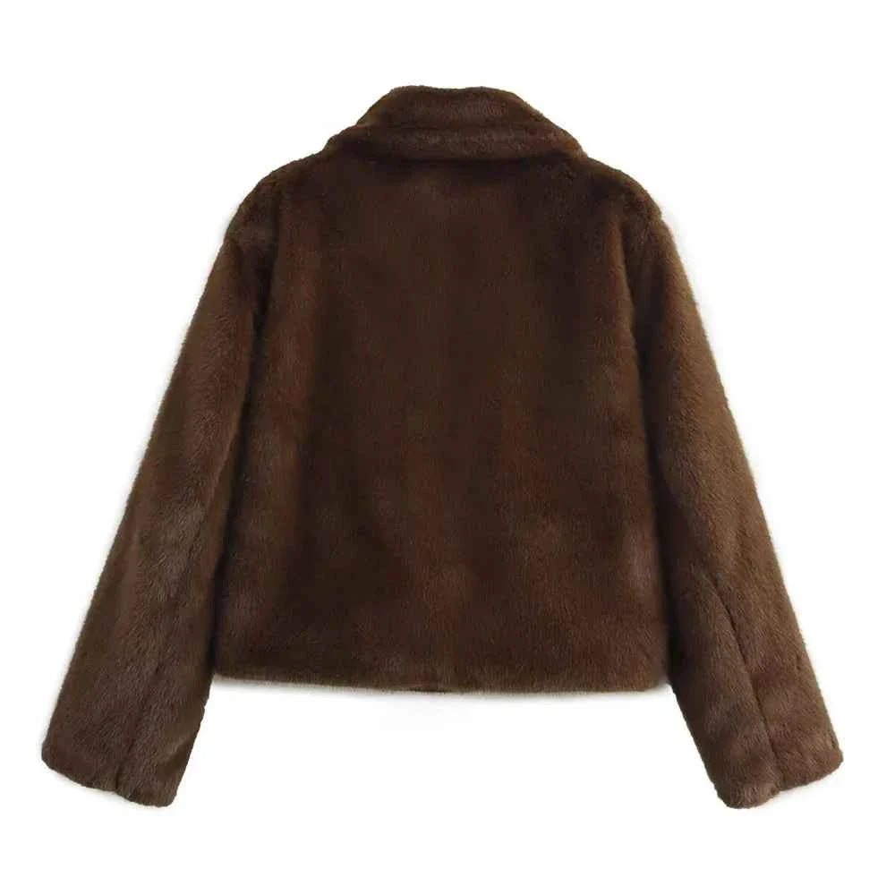 Loose Lapel Button Embellished Brown Long Sleeved Jacket for Women's