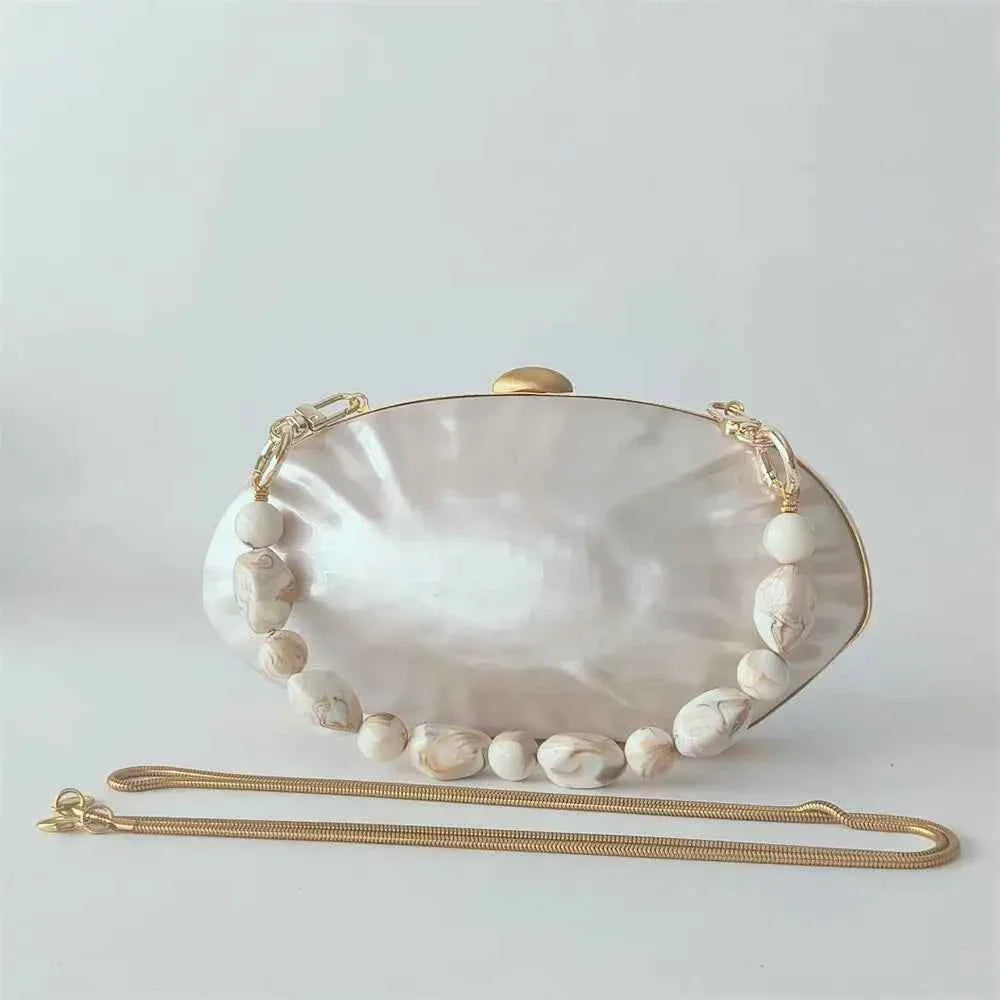 Luxury Shell Clutch Bag Acrylic Pearl White Frame Purse