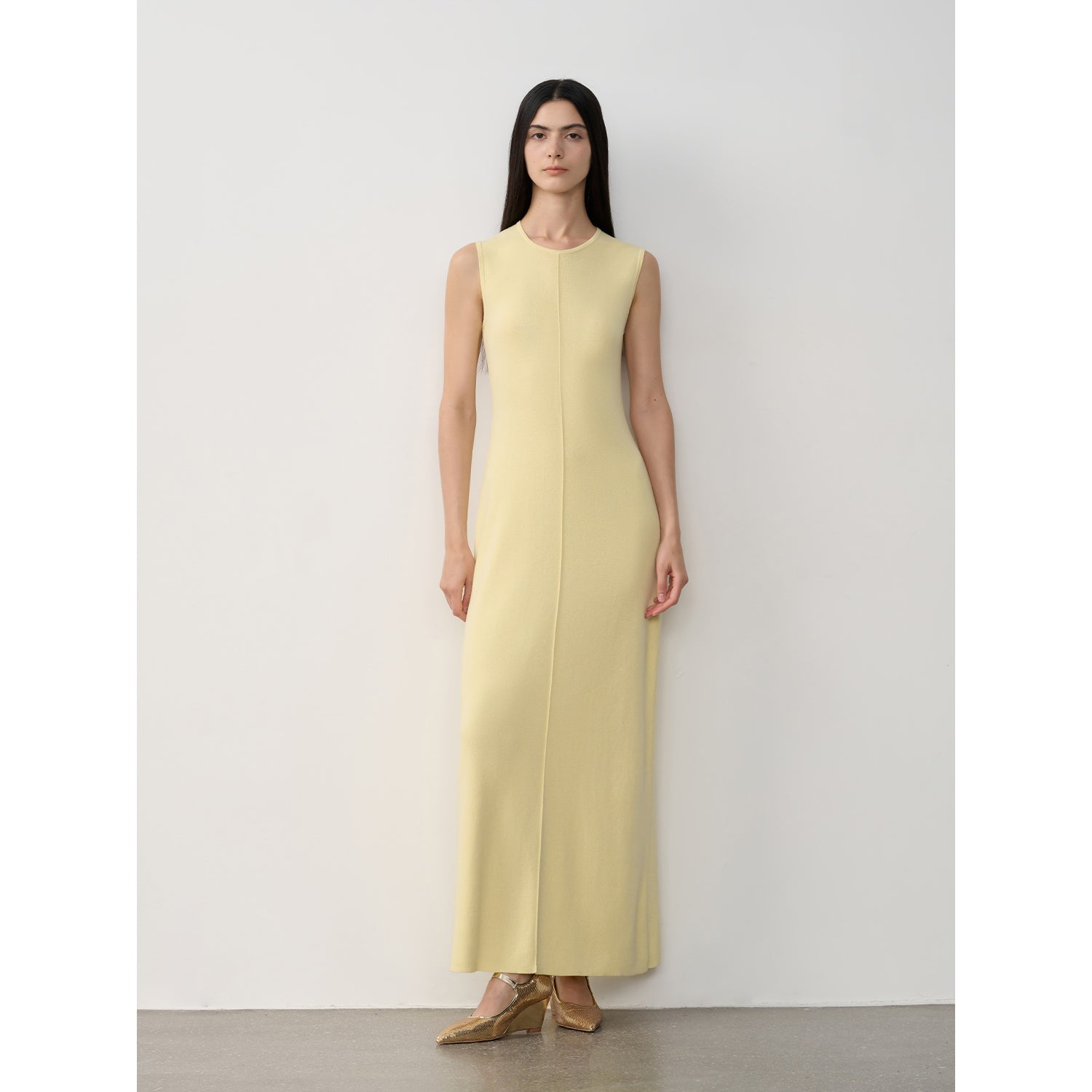 Merino Wool Extra Long Sleeveless Knit Dress - Yellow / S（4-6） - Women’s Fashion - Clothing