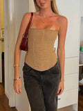 Mesh Backless Vest Strapless Solid Slim Top Women’s - Khaki / L