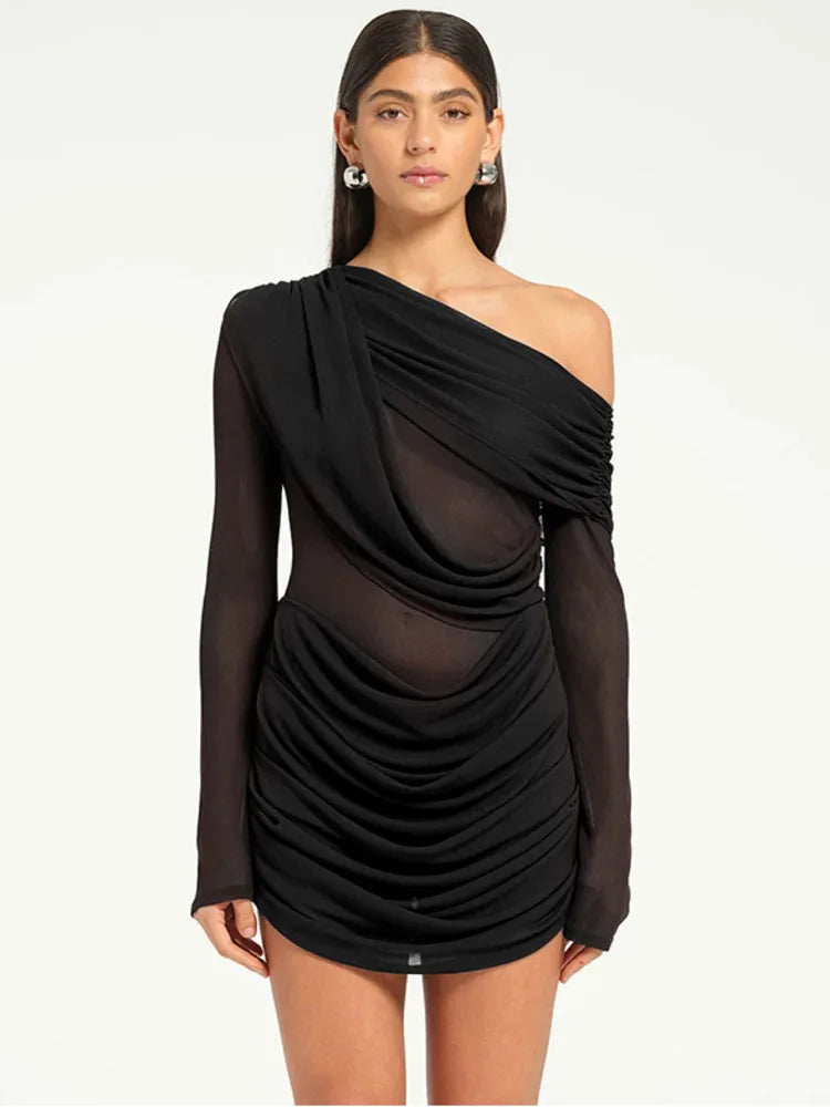 Mesh One-shoulder Long Sleeve Mini Dress - Black / S