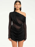 Mesh One-shoulder Long Sleeve Mini Dress - Black / S