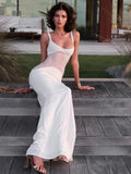 Mesh Patchwork Maxi Dress For Women Gown Spaghetti Strap Sleeveless Backless