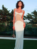Mesh Patchwork Maxi Dress For Women Gown Spaghetti Strap Sleeveless Backless