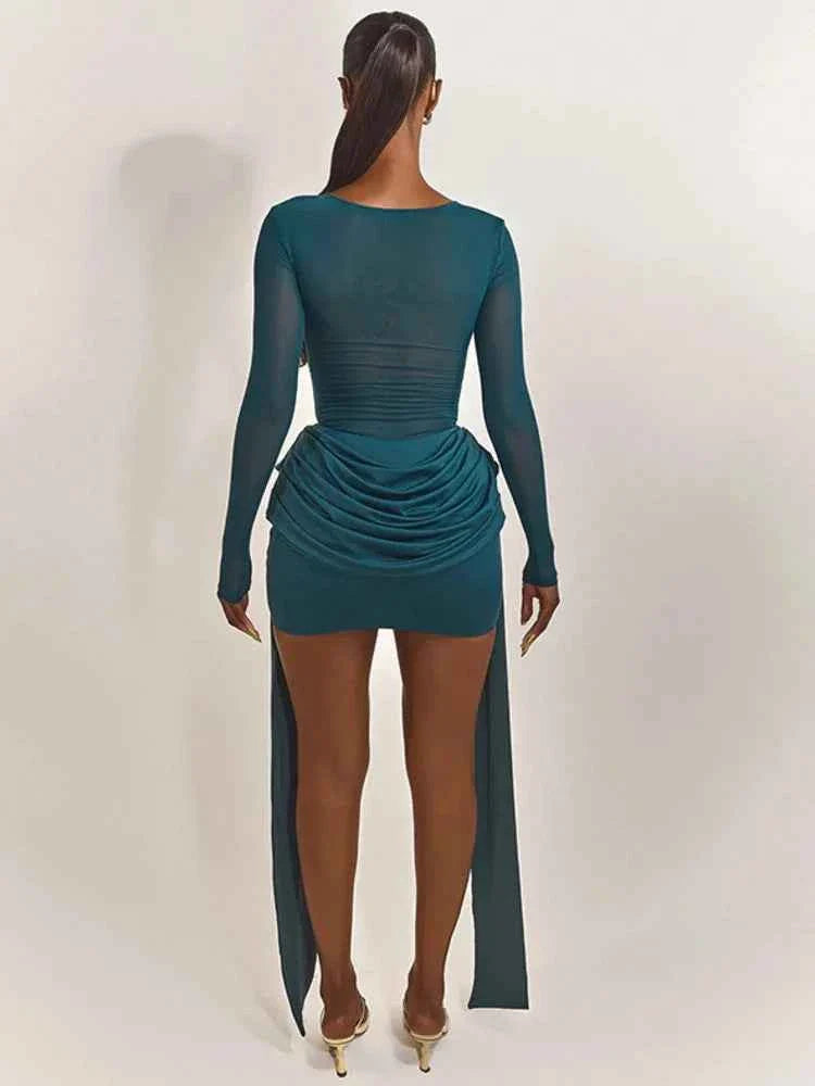 Mesh Patchwork Ruched  Mini Dress Women