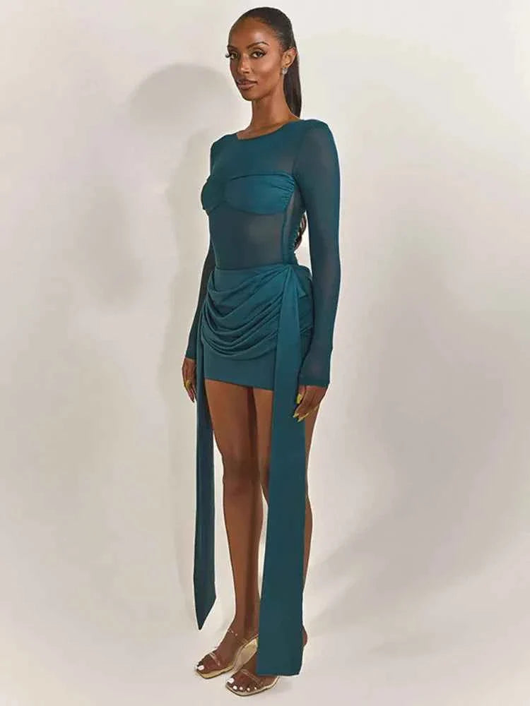 Mesh Patchwork Ruched  Mini Dress Women