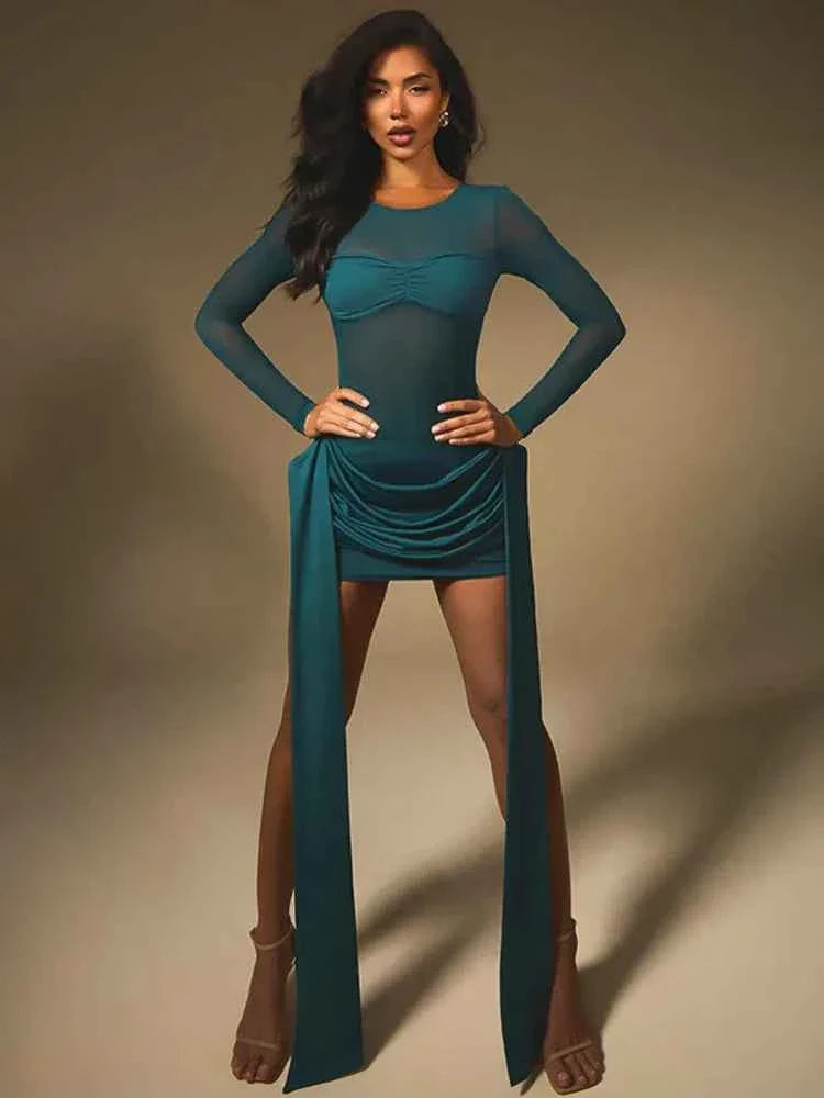 Mesh Patchwork Ruched  Mini Dress Women