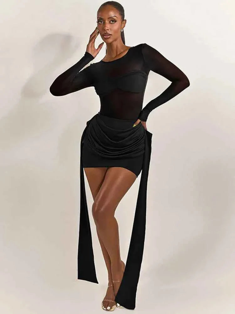 Mesh Patchwork Ruched  Mini Dress Women