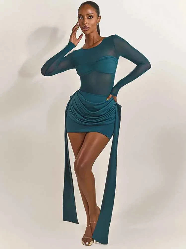 Mesh Patchwork Ruched  Mini Dress Women