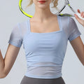 Mesh Patchwork Women Yoga Short Sleeve Fixed Cup T-shirt - blue / S