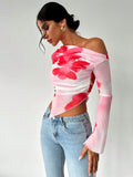 Mesh Print Diagonal Shoulder Long Sleeve Top