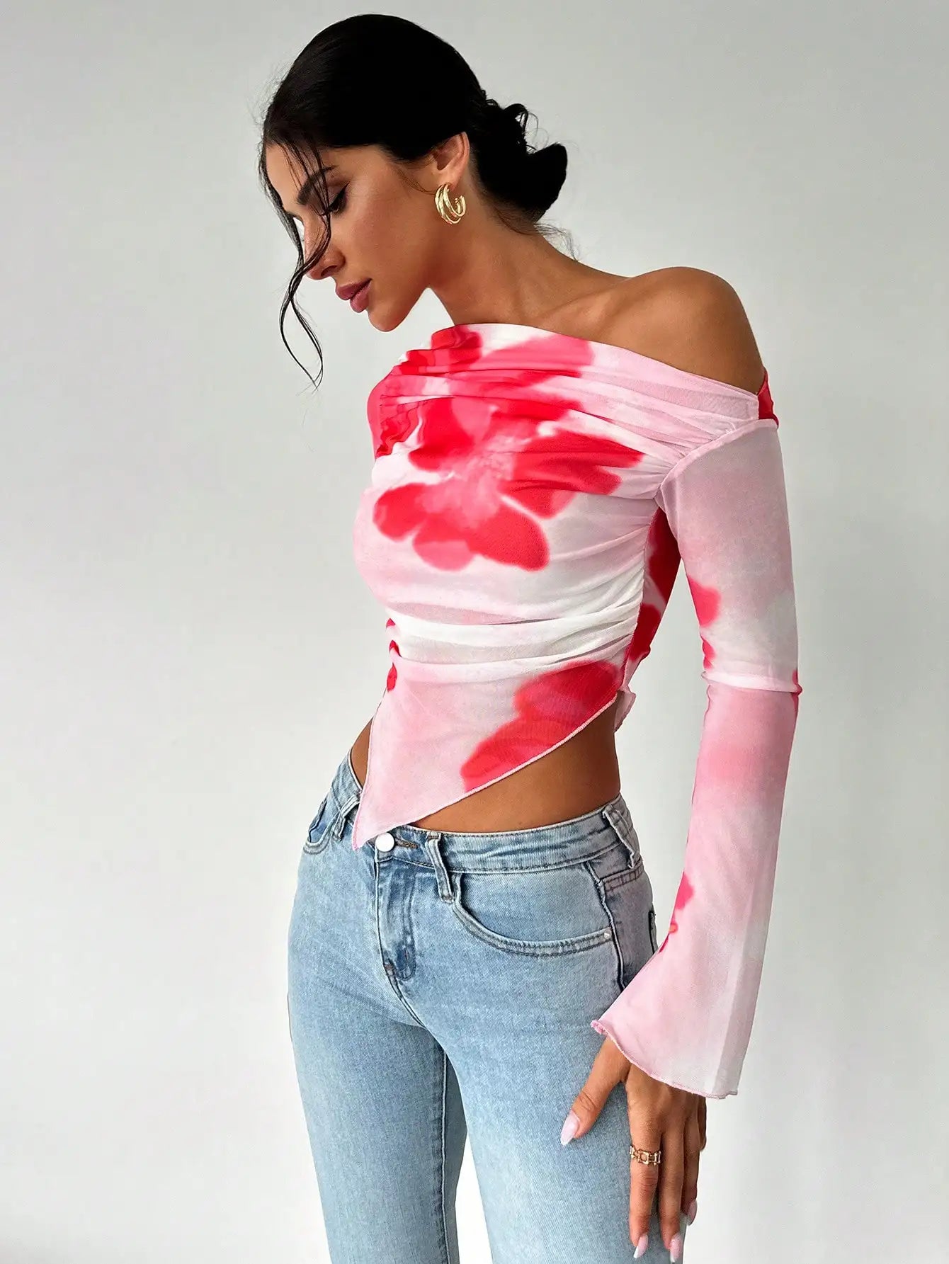 Mesh Print Diagonal Shoulder Long Sleeve Top