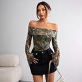 Mesh Printed Off-shoulder Long Sleeved Fitted T-shirt Top - electronic accessories
