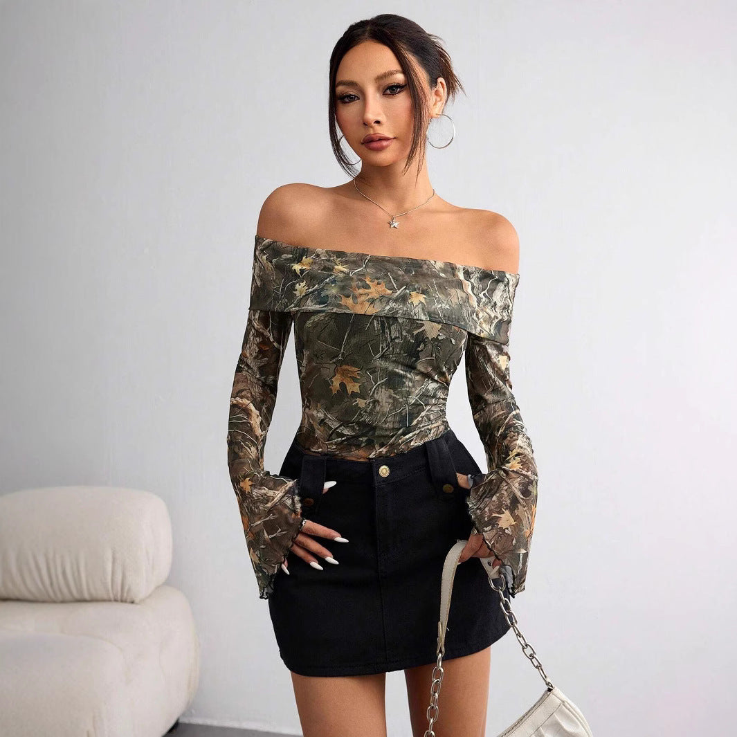Mesh Printed Off-shoulder Long Sleeved Fitted T-shirt Top - electronic accessories