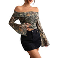 Mesh Printed Off-shoulder Long Sleeved Fitted T-shirt Top - electronic accessories