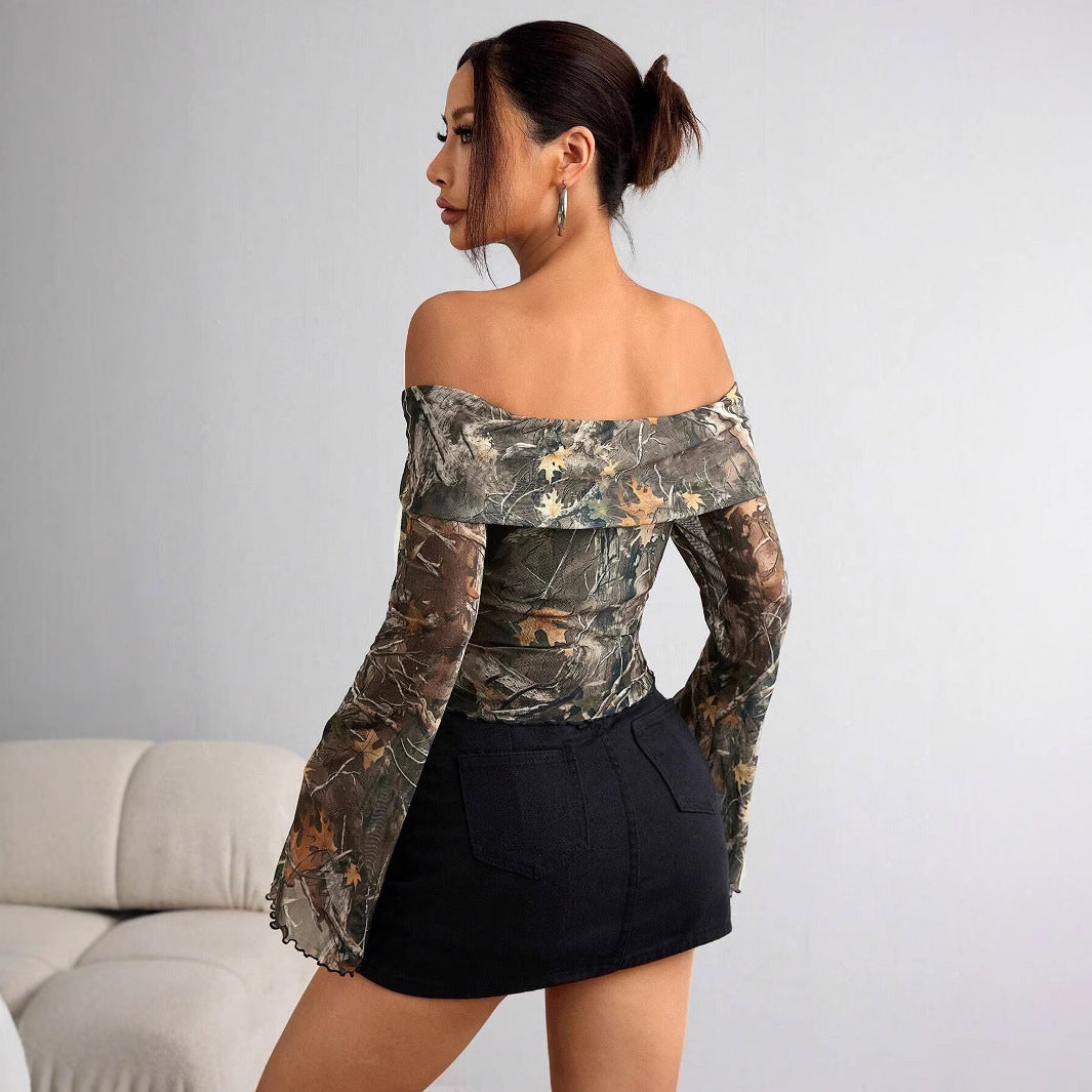 Mesh Printed Off-shoulder Long Sleeved Fitted T-shirt Top - electronic accessories