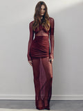 Mesh Ruched Maxi Dress For Women - Burgundy / L