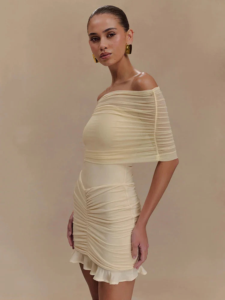 Mesh Strapless Off-shoulder Ruffled Mini Dress For Women