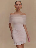 Mesh Strapless Off-shoulder Ruffled Mini Dress For Women - Pink / S