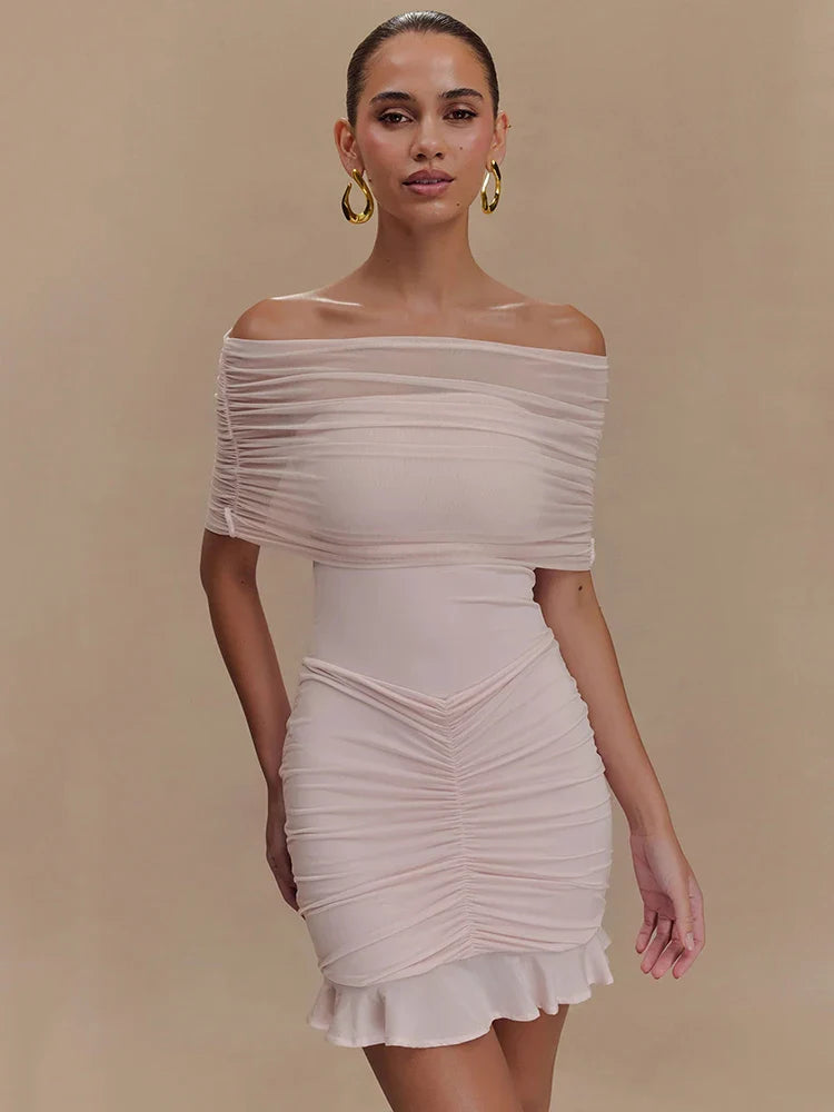 Mesh Strapless Off-shoulder Ruffled Mini Dress For Women - Pink / S