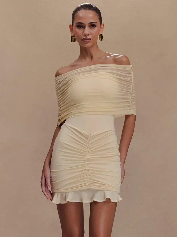 Mesh Strapless Off-shoulder Ruffled Mini Dress For Women - Yellow / M