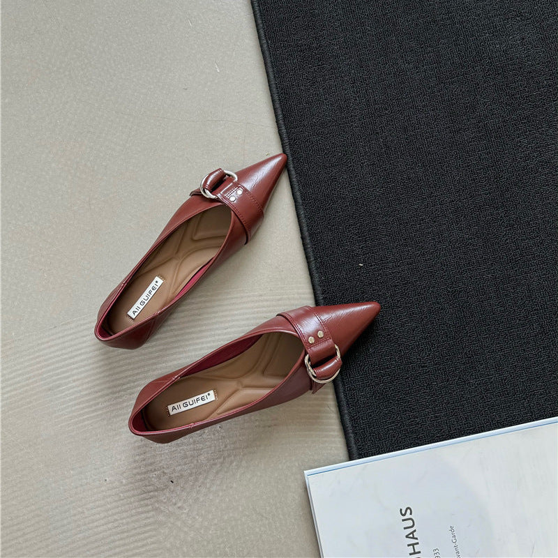 Metal Belt Buckle French Pointed Flat Bottom Pumps - Red / 35 - Dress Shirts