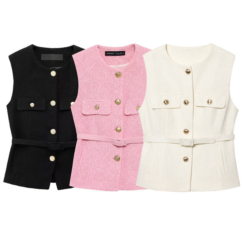 Metal Clasp With Belt Punk Texture Crew Neck Vest - electronic accessories