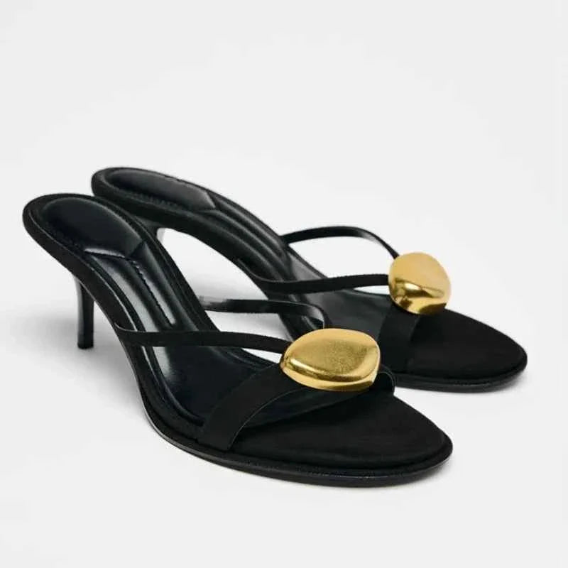 Metal Decorative Black High-heeled Sandals Women