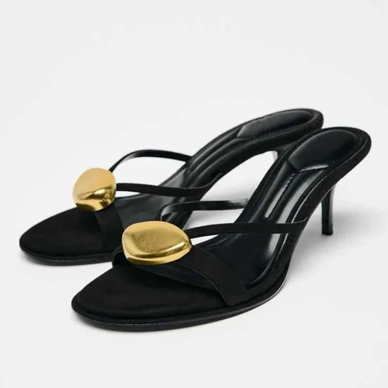 Metal Decorative Black High-heeled Sandals Women