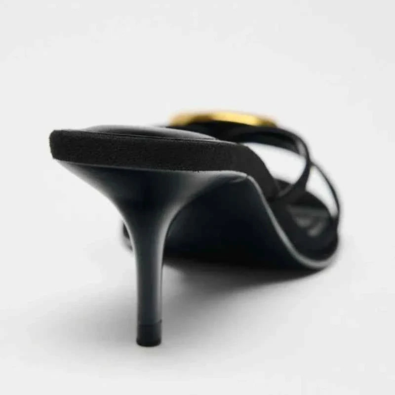 Metal Decorative Black High-heeled Sandals Women