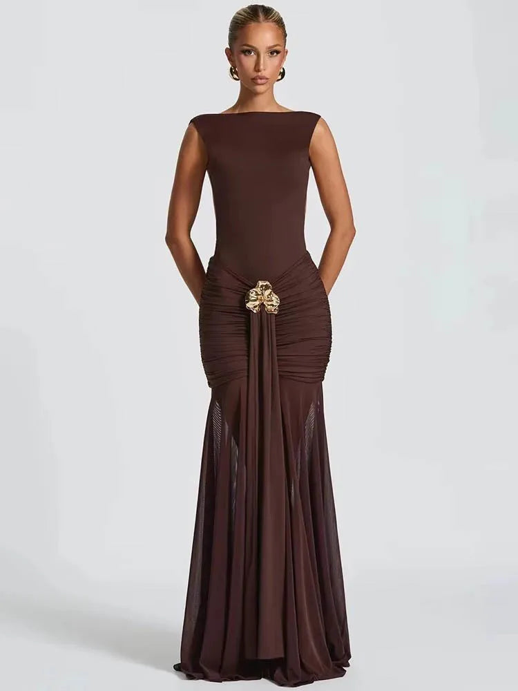 Metal Flower Backless Ruched Maxi Dress Women