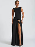 Metal Flower Backless Ruched Maxi Dress Women - black / L