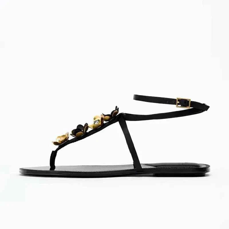 Metal Flower Decoration Flat Sandals