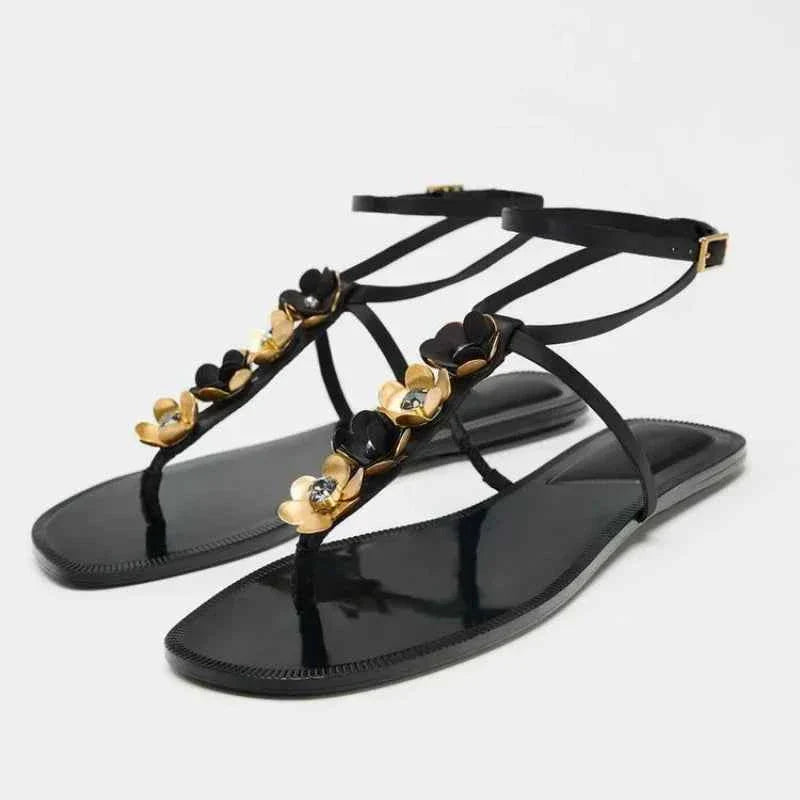 Metal Flower Decoration Flat Sandals