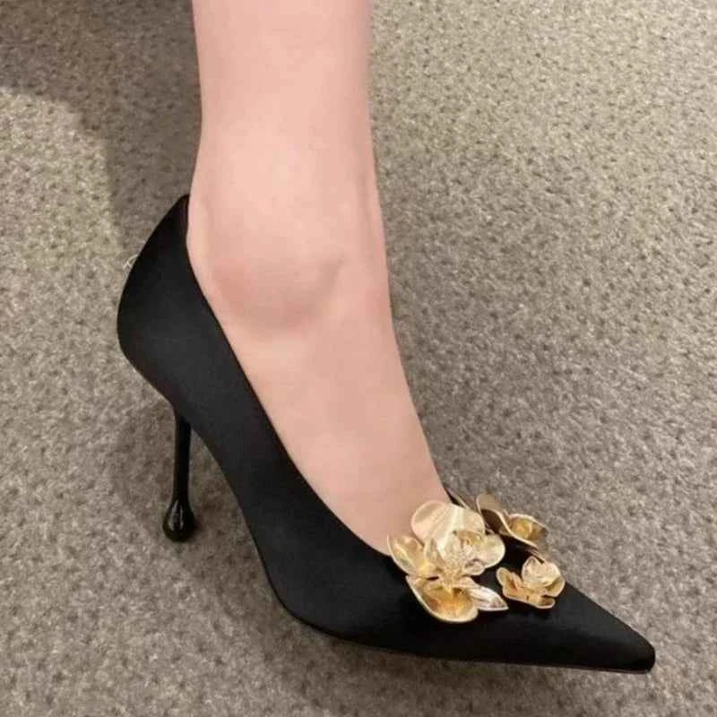 Metal Flower Pointed Toe High Heels Satin Shoes Pumps