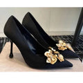 Metal Flower Pointed Toe High Heels Satin Shoes Pumps