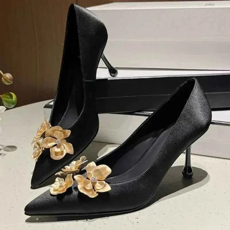 Metal Flower Pointed Toe High Heels Satin Shoes Pumps