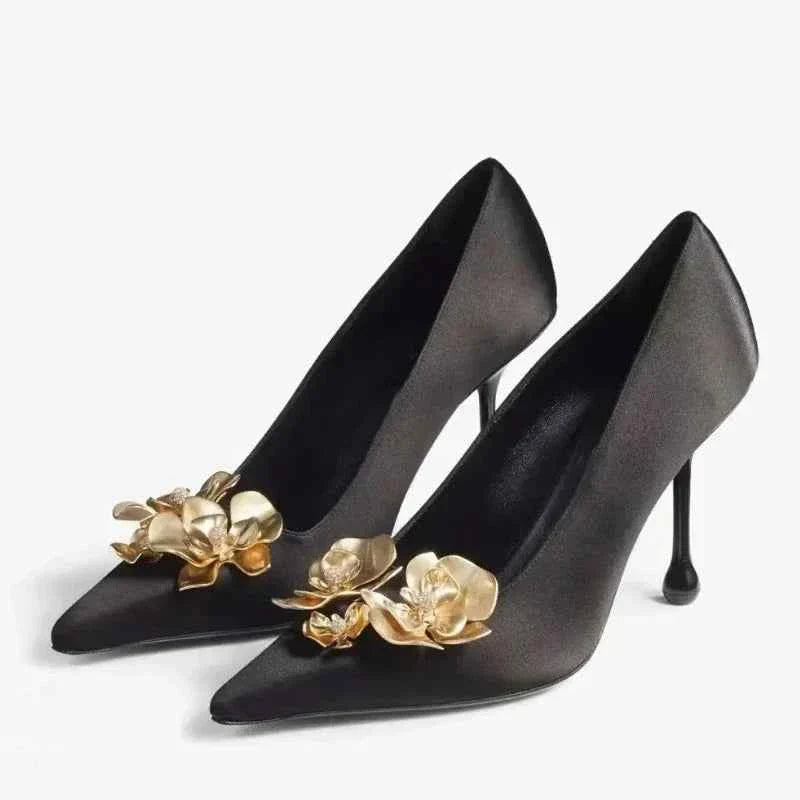 Metal Flower Pointed Toe High Heels Satin Shoes Pumps