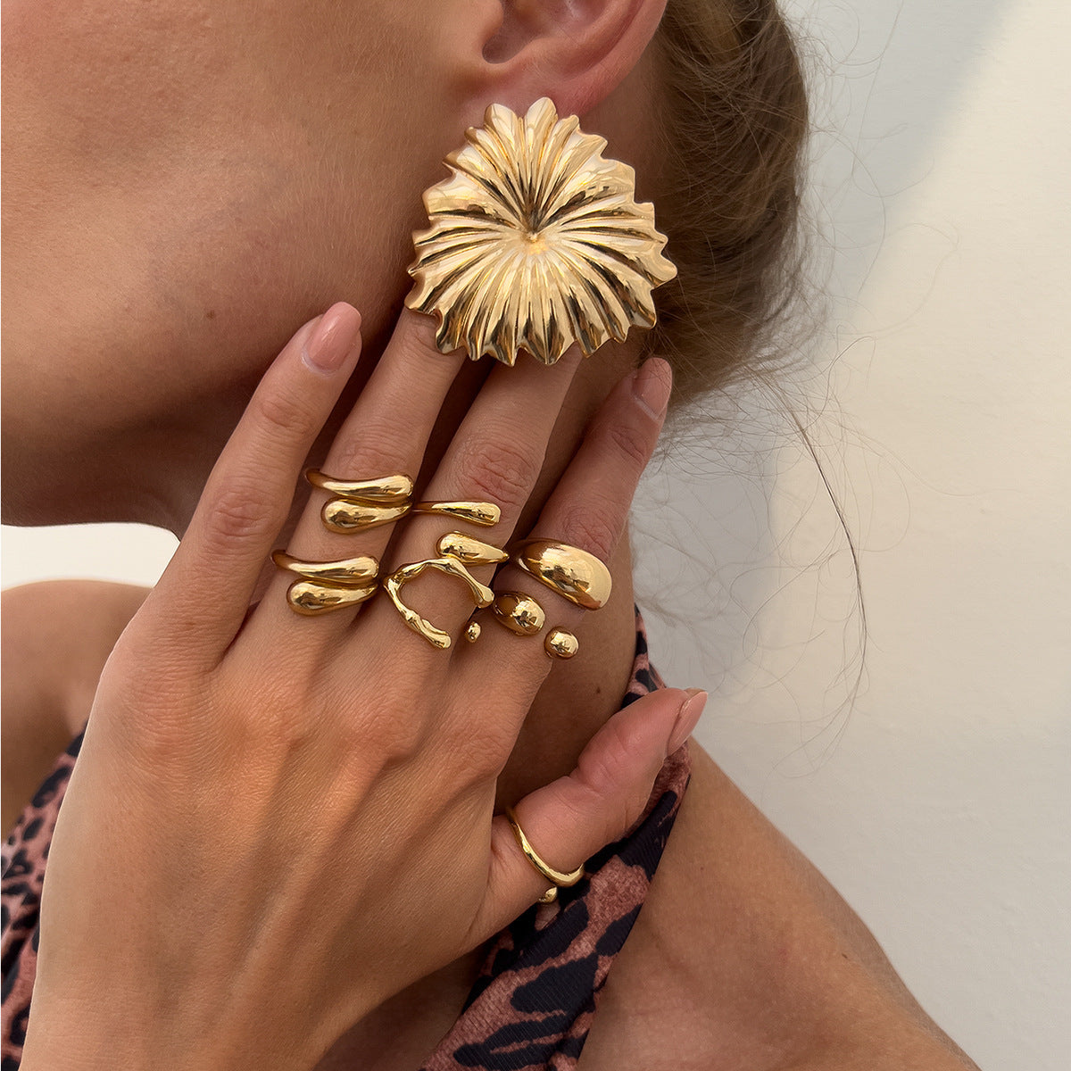 Metal Liquid Lava Ring Water Drop Hug Finger Earrings Suit - electronic accessories