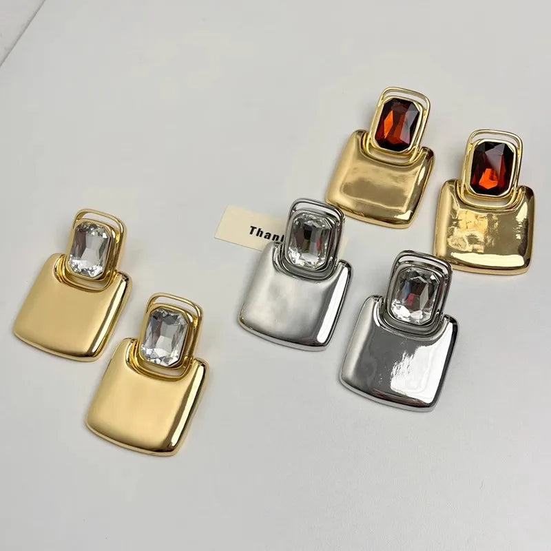 Metal Square Geometric Crystal Large Earrings for Women